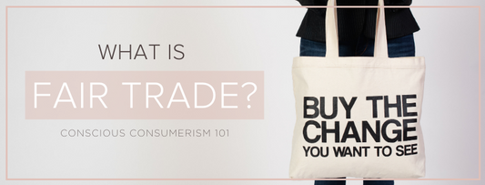 "What is Fair Trade" with a tote bag reading "Buy The Change You Want To See" in black text