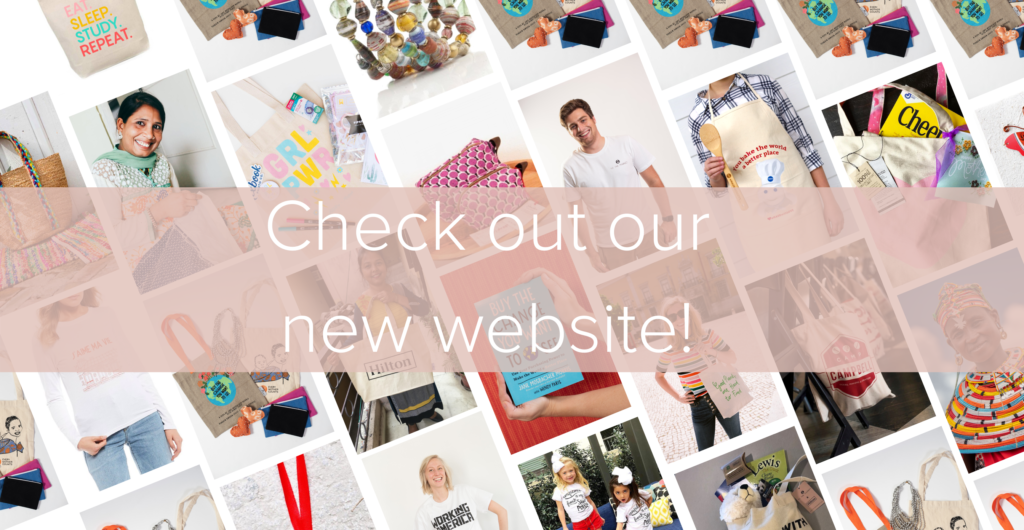 "Check out our new website!" with assorted product photos in the background