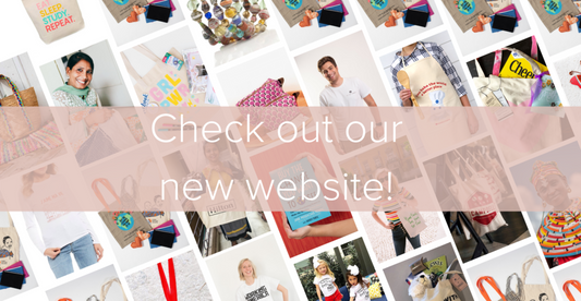 "Check out our new website!" with assorted product photos in the background