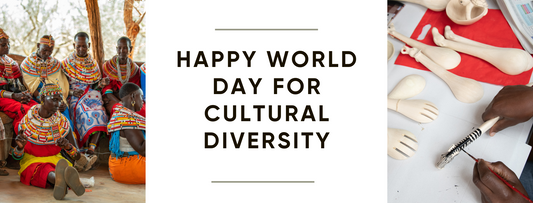 A group of our Kenyan artisans on the left, "Happy World Day For Cultural Diversity" in the middle, a hand sculpting a product on the right