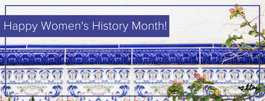 "Happy Women's History Month" with a blue and white mosaic wall in the background