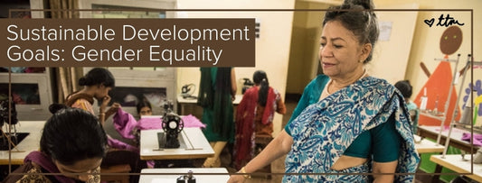 "Sustainable Development Goals: Gender Equality" with a female maker teaching other women to sew in the background