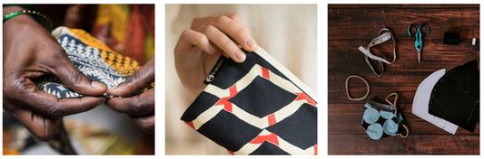 Three images in a row, showing a maker's hands working on fabric, a hand holding a TTM bag, and a flat lay of cloth masks in progress with sewing supplies