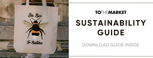 Tote bag with "Bee Nice to Nature" next to the text "Sustainability Guide"