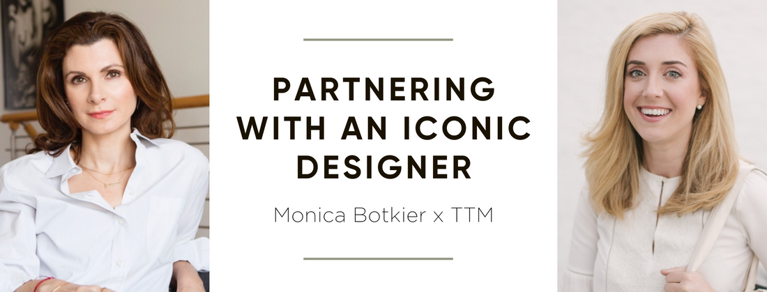 Headshot of Monica Botkier and Jane Mosbacher Morris.  Text reads "Partnering with an iconic designer" / "Monica Botkier x TTM"