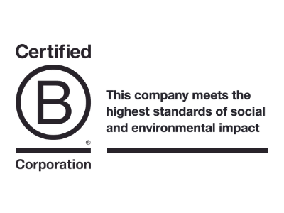 Certfied B Corpoartion Logo.  Text reads "This company meets the highest standards of social and environmental impact."