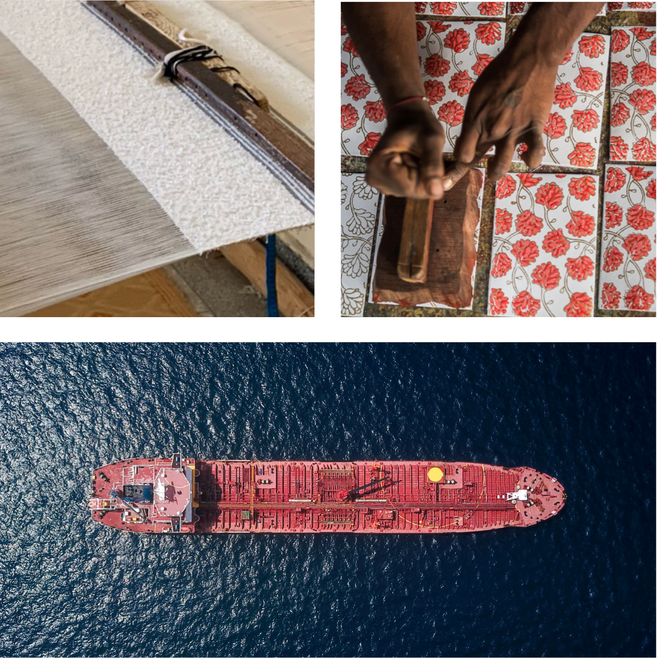 weaving loom, hands screen printing and overview of shipping boat at sea