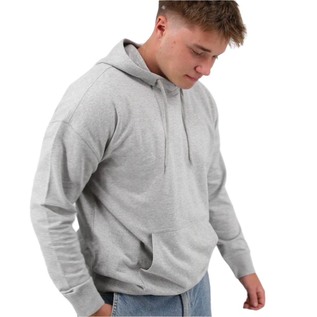 White Male Modeling a Heather Gray Hoodie